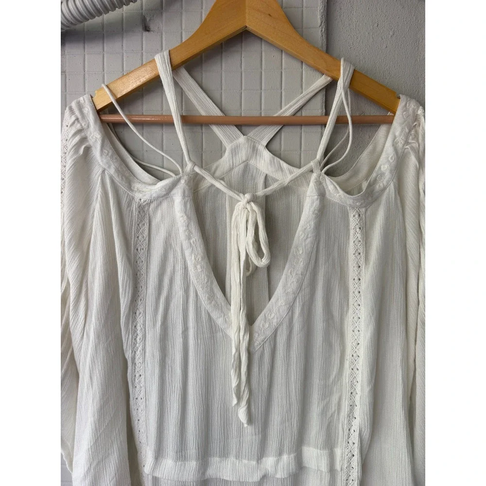 Free People Oversized Peasant Top XS Ivory Strappy Embroidered Boho Bell Sleeve